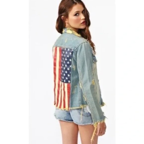 UNIF American Flag Studded Frayed Denim Jacket Size Large - Picture 1 of 7